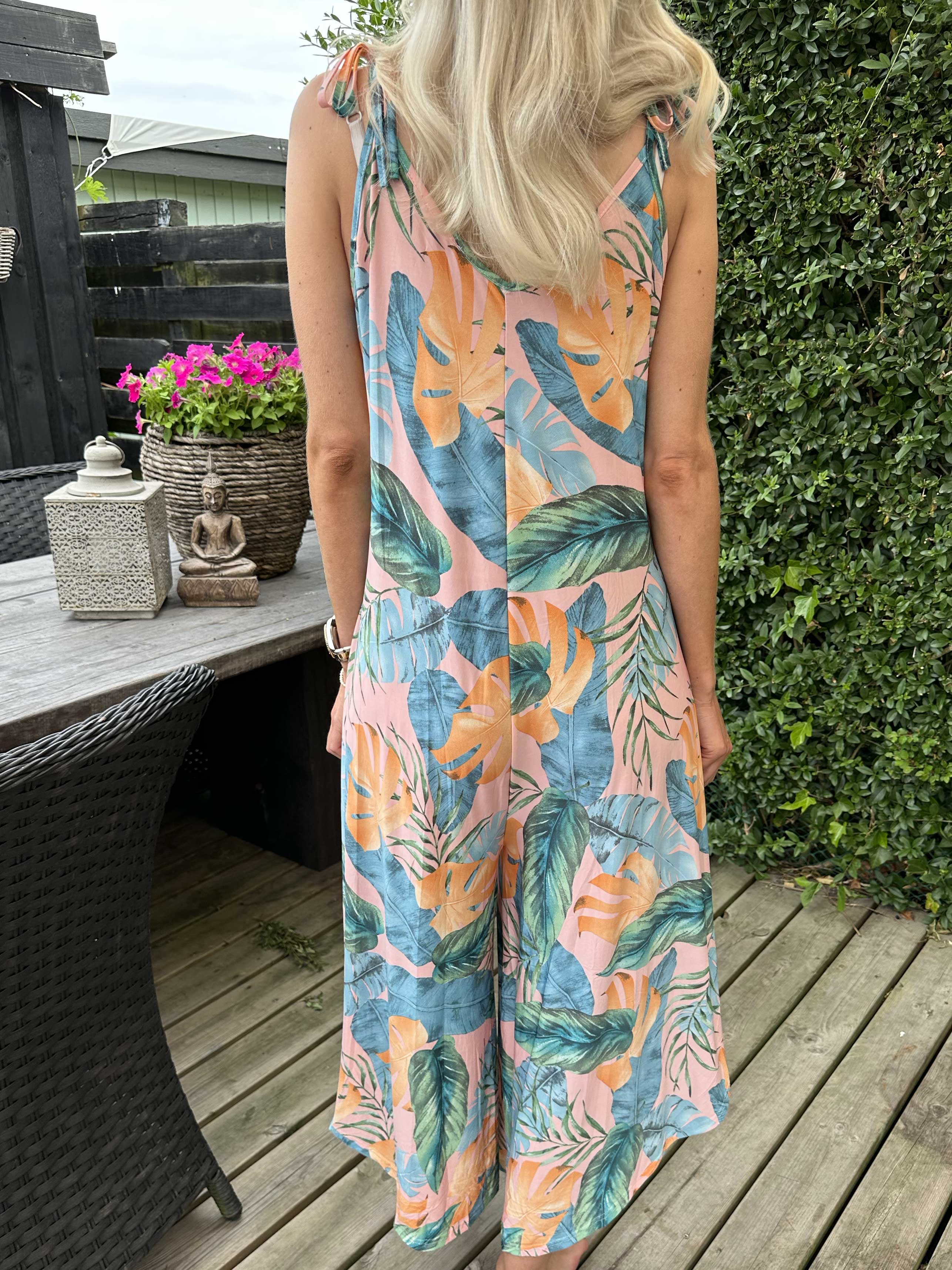 Safira Multi Leaf - Stretchig byxdress med vida ben - Coral